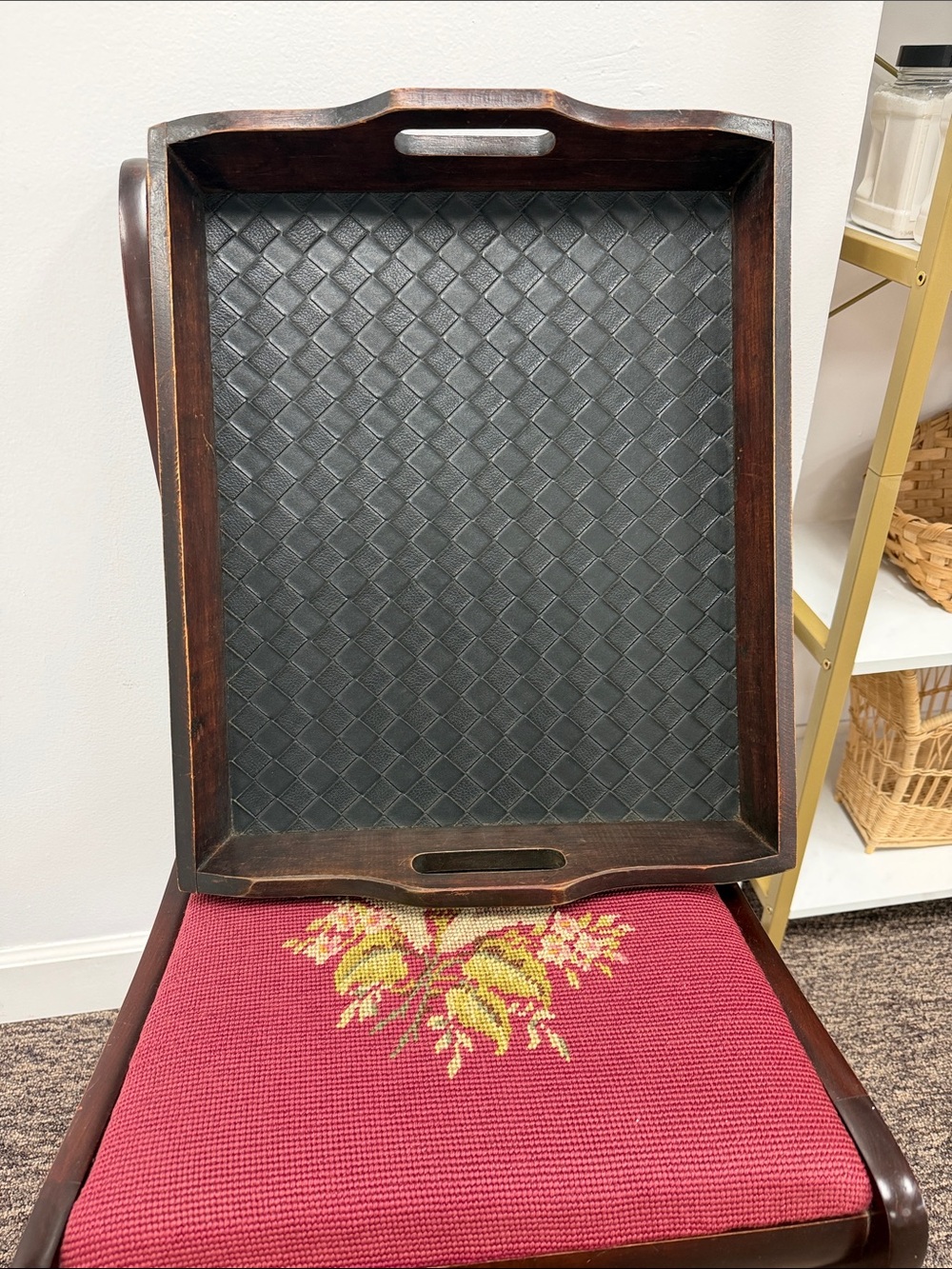 Wood Serving Tray with Textured Black Insert and Dark Brown Finish